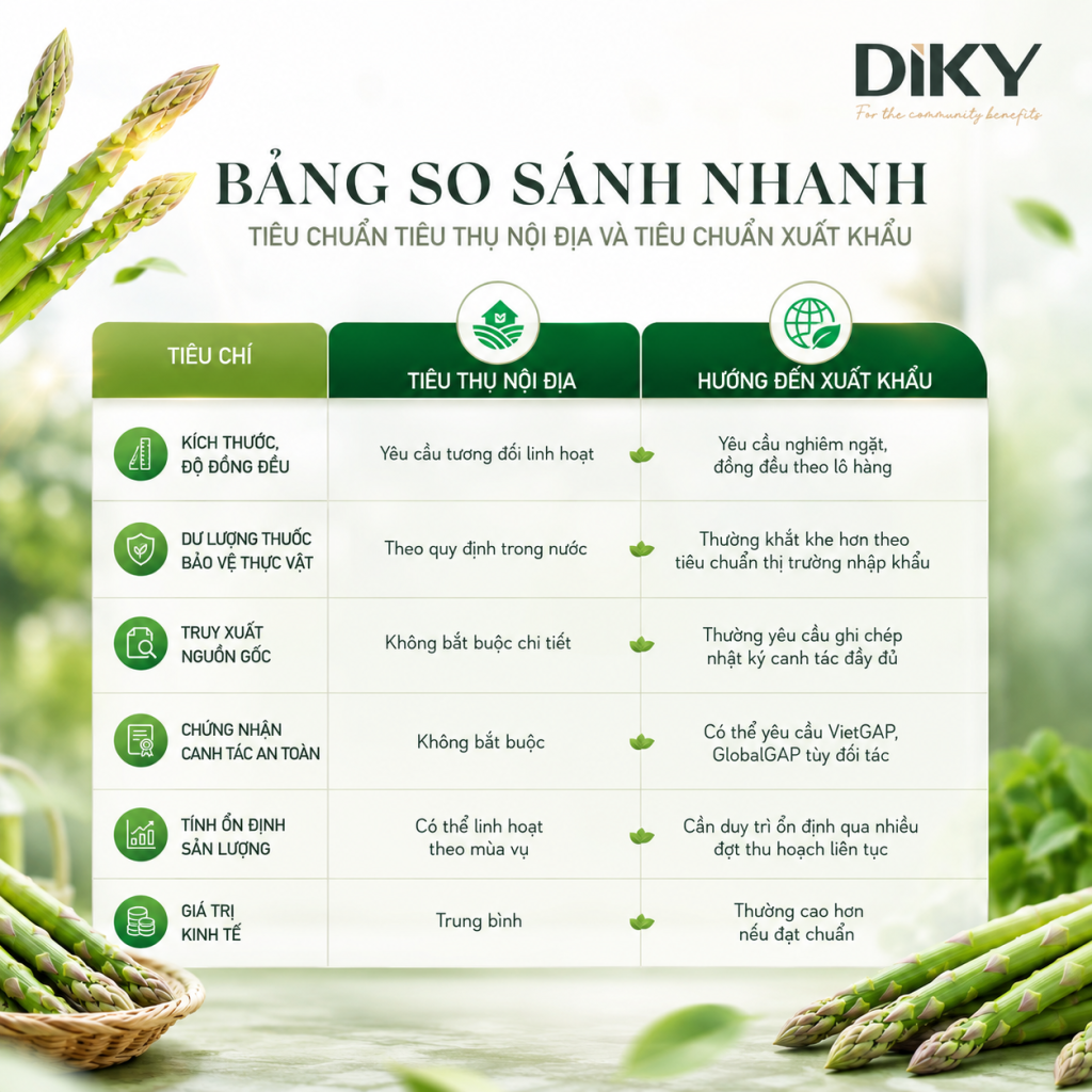 Bảng so sánh nhanh: Tiêu chuẩn tiêu thụ nội địa và tiêu chuẩn xuất khẩu